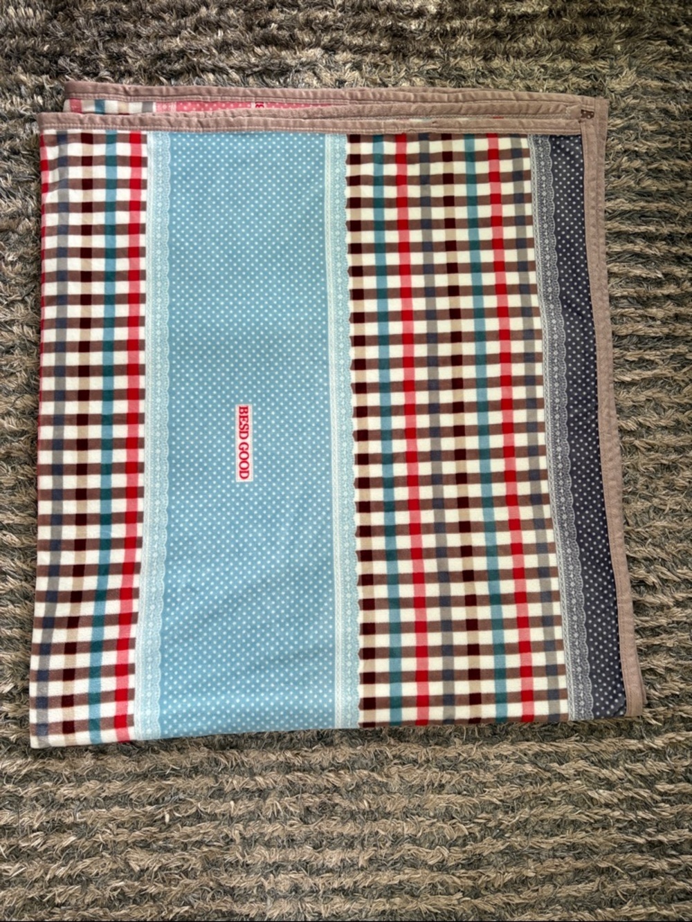 Striped Plaid Patchwork Large Fleece Blanket with Pink & Blue Panels New - Picture 3 of 5